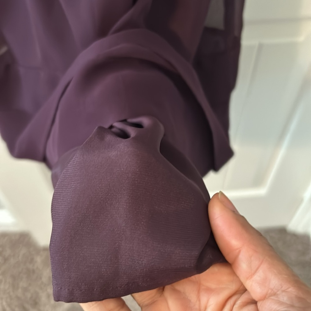 Women deep purple front ruffled dress w/bottom pleats. - Picture 7 of 8